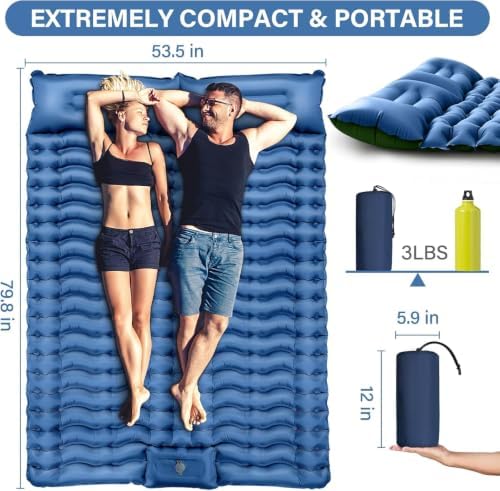 Yuzonc Double Camping Sleeping Pad with Built-in Foot Pump and Pillows – Ultralight Inflatable Sleeping Mat for 2 Person, Compact Air Mattress for Backpacking Hiking Tent Camping, Portable Outdoor - Image 3