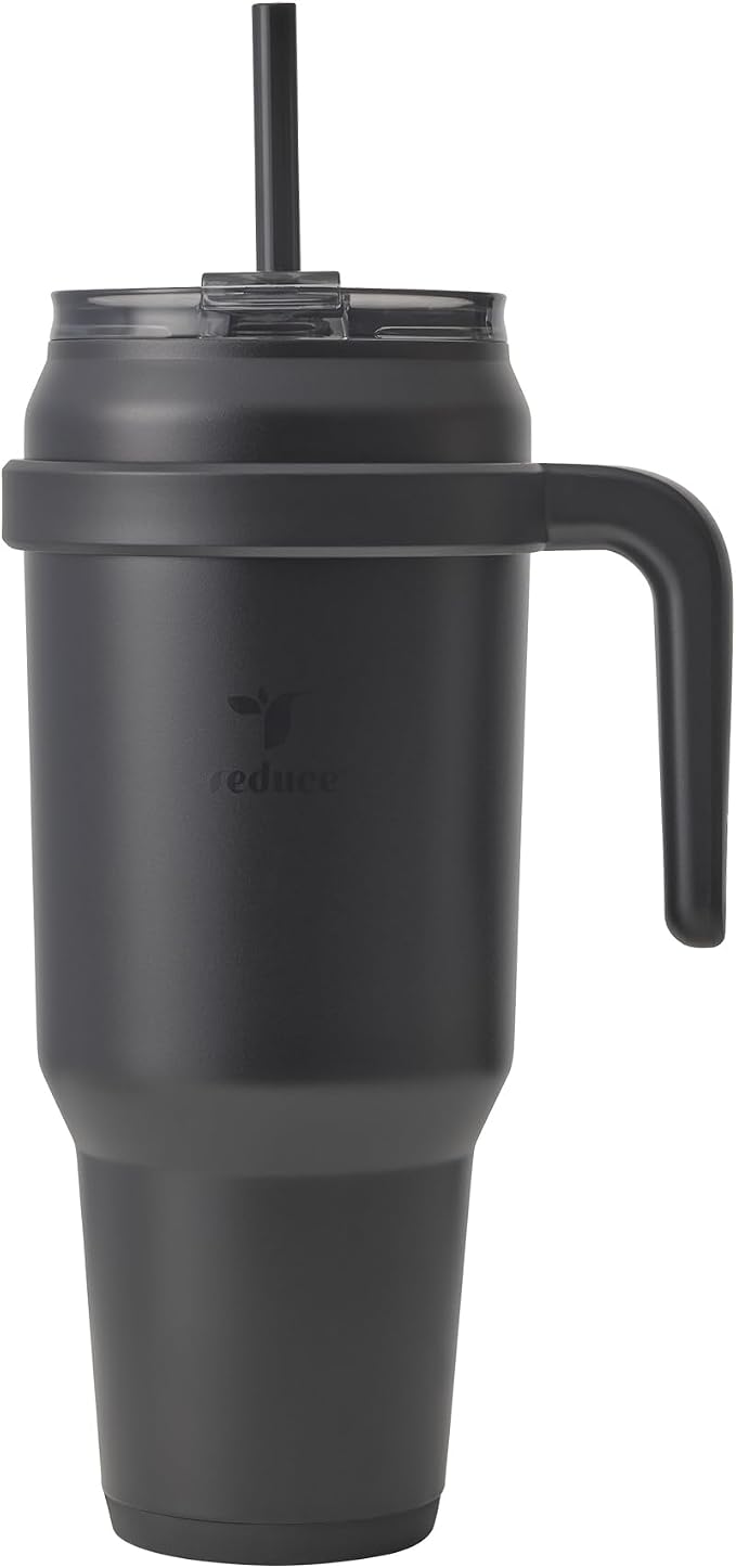 REDUCE 50 oz Stainless Steel Tumbler with Handle - Dual-Wall Vacuum Insulated Travel Mug, Sweat-Proof Lid & Reusable Straw - Keeps Drinks Cold for 24 Hrs, Fits Cupholders, Dishwasher Safe - Black by Reduce