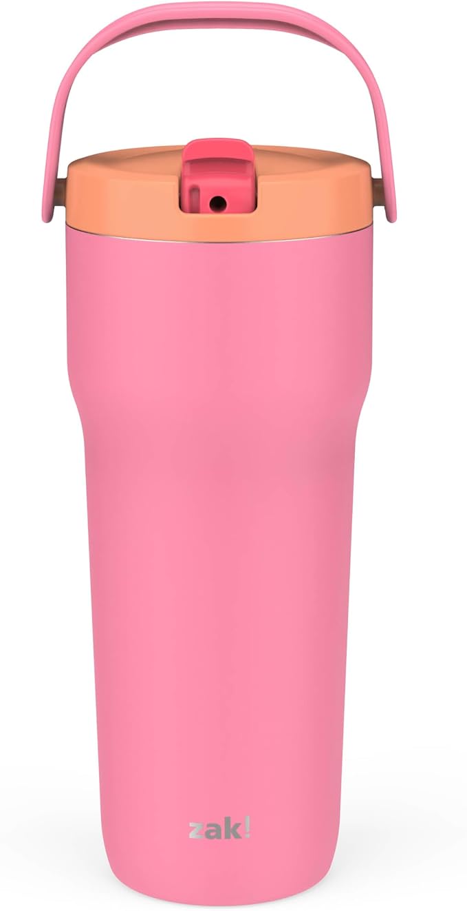 Zak Designs Sutton Travel Tumbler for On the Go, 30oz Stainless Steel with Vacuum Insulation, Straw Spout, Carry Handle for Cold Drinks (So Sweet Pink) by ZakDesigns