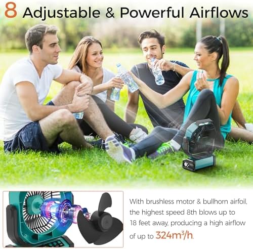 Camping Fan with Light - 20000mAh Rechargeable Battery Tent Fan, 112Hrs Max, 8 Speeds, Digital Display, Timer, Auto Oscillation, 270° Pivot & Hook for Garage, RV, Hurricane, Co-Branded with AMACOOL - Image 3