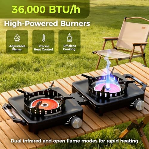 MoKo Propane Camping Stove 2 Burner, 36,000 BTU Infrared & Open Flame Hybrid, Windproof Folding Portable Outdoor Gas Cooking Kit with Frying Pan & Carry Bag For RV, Tailgating, Survival, Black - Image 3