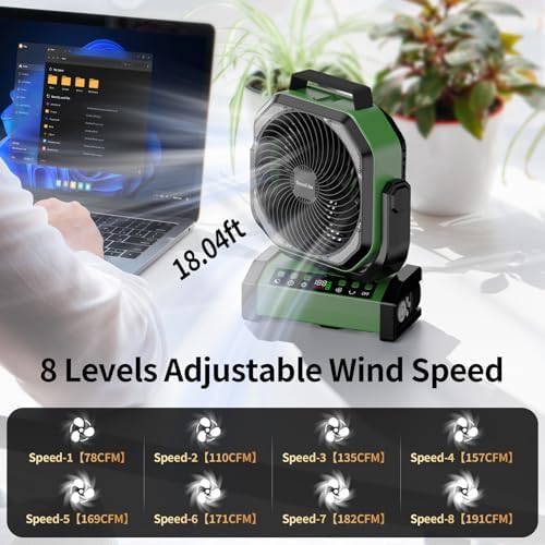 Socool Camping Fan with Light, 20000mAh Rechargeable Battery Fan with Remote, 112Hrs & 8 Speeds, Digital Display, Timer, Auto Oscillation, 270° Pivot & Hook for Outdoor Tent, Hurricane, Power Outage - Image 2