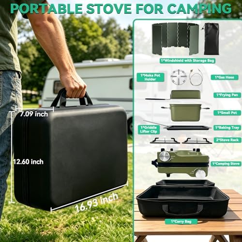 2 Burner Portable Propane Camping Stove Kit, 24000 BTU Foldable Hiking Stove with Frying Pan, Pot, Windshield & Carry Bag, Outdoor Cookware Camp Cooking Set for Tailgating, BBQ, Picnic, Green - Image 6