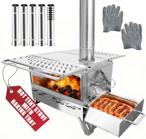 Camping Wood Burning Stove, Hot Tent Stove with Extra Baking Tray, Outdoor Stainless Steel Stove with 6 Chimney Pipes for Outdoor Camping, Cooking by Unknown