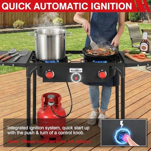 Bestfire 2 burner Camping Stove with Auto Ignition Button,Side Shelves & Regulator150,000 BTU High Pressure Gas Stove Propane Burner With Removable Legs for Outdoor BBQ&Backyard Cooking Camping Home - Image 2