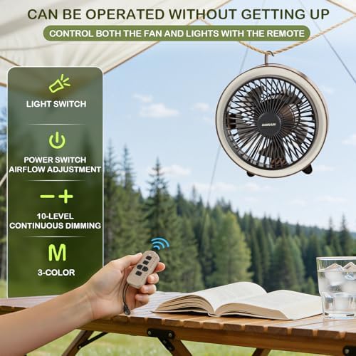SAMUUN Camping Fan with Light, 10400mAh Remote Control & Color Changing LED for Tent, Car Camping Essentials, Desktop Use - Portable Fan for Campers, Outdoor Enthusiasts - Image 3