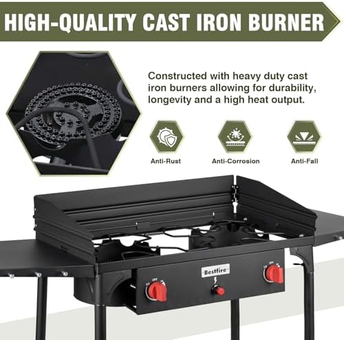 Bestfire 150,000 BTU 2 Burner Propane Camping Stove with Auto Ignition, Windpanel, Portable Outdoor Gas Cooker with Removable Legs, Side Shelves for Camping, BBQ - Image 5