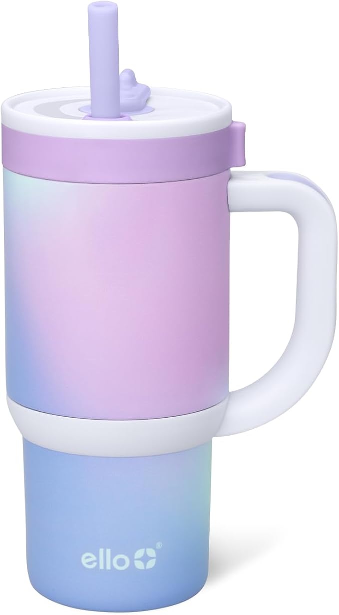 Ello Oasis 14oz Stainless Steel Toddler Tumbler with Handle & Retracting Straw, 100% Leakproof, Double-Wall Vacuum Insulated, Kids Water Bottle for School, BPA Free, Dishwasher Safe, Purple Swirl by Ello
