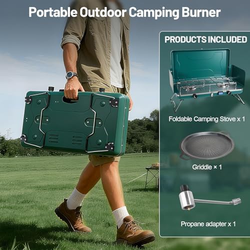 2-Burner Propane Stove, Portable Camping Cooktop with 2 Adjustable Burner and Wind Guards, 20000BTU Camping Stove with Ignition & Griddle for Camping,Tailgating, BBQ, Grilling,Outdoor Gear - Image 3