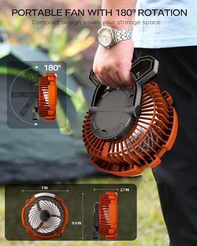ASNUG Camping Fan with LED Lantern, 6000mAh Battery Operated Rechargeable Fan, 3 Speeds,180° Rotation, Portable Desk Fan with Hanging Hook, Tent Fan for Travel Camping Outdoor Fishing - Image 6