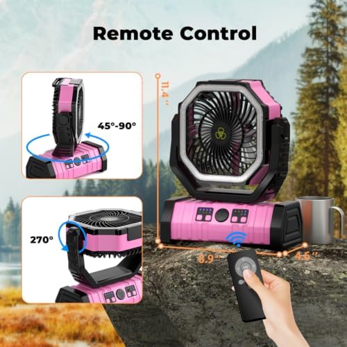 Camping Fan - 20000mAh Battery Powered Fan Rechargeable with LED Lantern - Portable Outdoor Tent Fans with Hanging Hook 4 Speeds Wind Remote Control, Pink - Image 2