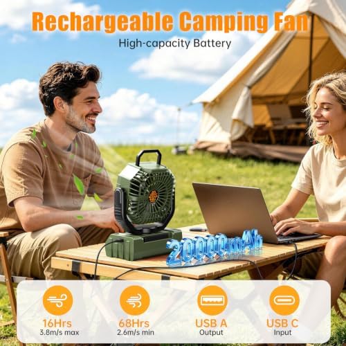 Camping Fan Rechargeable - 20000mAh Cordless Battery Powered Portable Fan with LED Lantern, Remote Auto Oscillating Wireless Fan USB Rechargeable Tent Fan for Travel Outdoor Cooling Car Home (Green) - Image 2