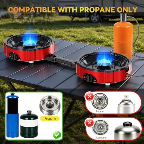 Two-Burner Camping Stove for Propane,20000 BTU Foldable Portable Camp Stove, Piezo Ignition & Adjustable Burners,Outdoor Gas Cooker with Carry Bag & Windproof for Camping, RV, Tailgating - Deep Red - Image 3