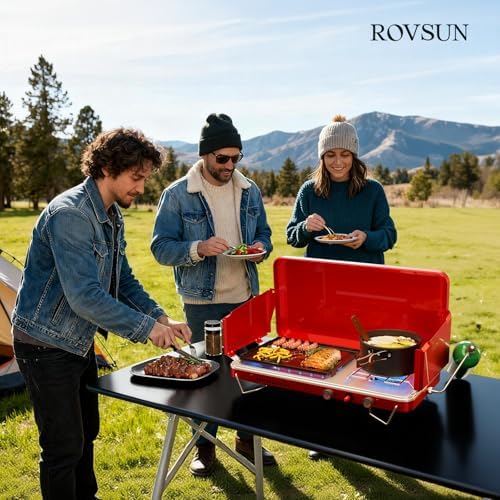 ROVSUN 2-in-1 Portable Camping Stove & Propane Grill with Enamel Griddle & Piezo Igniter, Tabletop Camp Stove with Built-in Handle, Wind Panel & Regulator for Camping, Tailgating, Grilling (Red) - Image 7