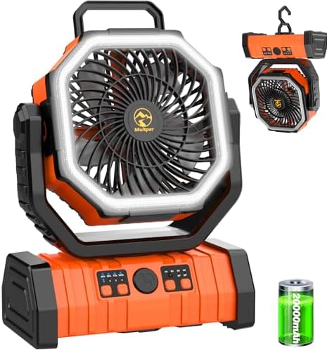 20000mAh Camping Fan with LED Lantern, Rechargeable Battery Powered Fan by Multper