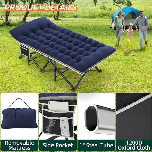 Fragess Portable Camping Cot, 32" Extra Wide Camping Cots for Everyone with Thick Cushion, Heavy Duty Sleeping Cot Holds Up to 600LBS, Cots for Sleeping, Rv, Beach, Patio, Office Naps(Blue) - Image 4