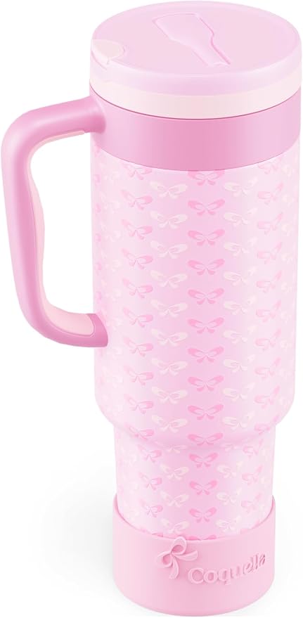 40 oz Insulated Tumbler with Handle and Push-Button Straw Lid, Stainless Steel Travel Cup for Gym Office, Leakproof, BPA-Free, Cup Holder Friendly, Bow Silicone Boot, Pink (Coquette Candy) by Coquella