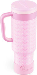 40 oz Insulated Tumbler with Handle and Push-Button Straw Lid, Stainless Steel Travel Cup for Gym Office, Leakproof, BPA-Free, Cup Holder Friendly, Bow Silicone Boot, Pink (Coquette Candy) by Coquella
