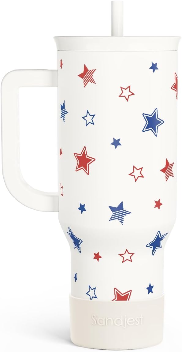 SANDJEST American Flag 40oz Tumbler with Handle and Straw, Insulated Stainless Steel Travel Coffee Mug for Women Girls, Gift Idea for Birthday Christmas 4th of July (Star) by SANDJEST
