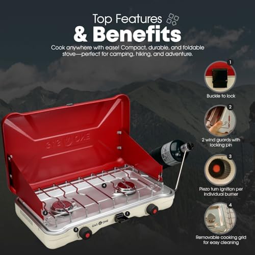 GasOne Portable Camping Stove – Double Propane Stove with Auto Twist Turn Ignition – 22,000 BTU Camping Cooktop with 2 Burners and Wind Guard – Ideal for Tailgating, Fishing, Travel, Red - Image 4