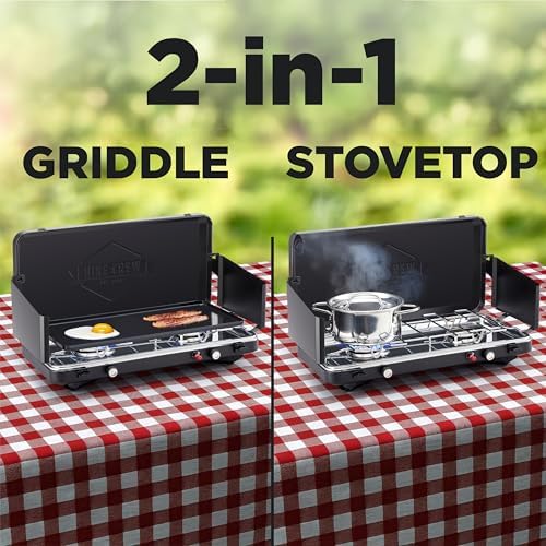 Hike Crew 2-in-1 Gas Camping Stove and Griddle | 20,000 BTU 2 Burner Propane Portable Stovetop w/Griddle Plate | Foldable Legs | Integrated Igniter w/Regulator | Wind Panels & Built-in Carry Handle - Image 2