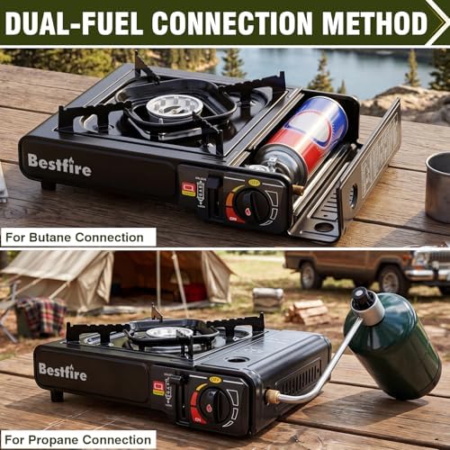 BESTFIRE Portable Camping Stove - 10 000 BTU Dual Fuel Propane and Butane with Adapter & Carrying Case Single Burner Gas for Outdoor Cooking Gear Essentials Tailgating Survival Kit - Image 2