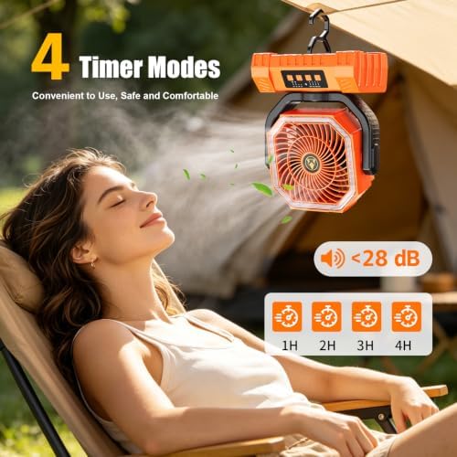 Camping Fan Rechargeable - 20000mAh Cordless Battery Powered Portable Fan with LED Lantern, Remote Auto Oscillating Wireless Fan USB Rechargeable Tent Fan for Travel Outdoor Cooling Car Home (Orange) - Image 5