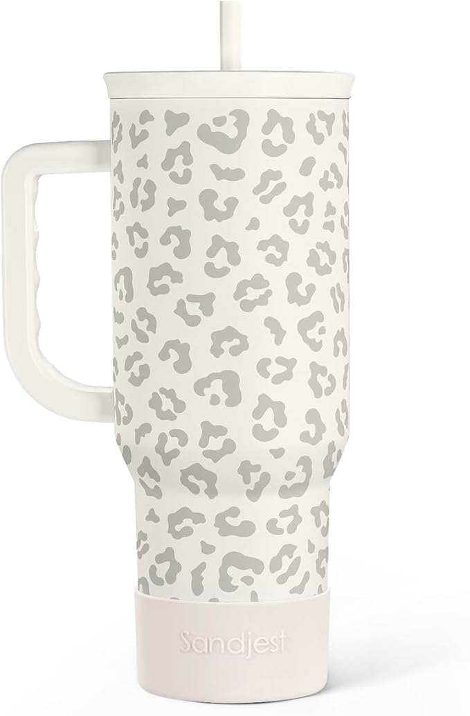 SANDJEST Leopard Tumbler with Handle, Insulated Cup Stainless Steel Travel Mug Cup, Gifts for Women Girl on Birthday Christmas, Cream Leopard, 40oz by SANDJEST