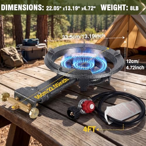 Bestfire 13" Single Propane Burner Stove, 90,000 BTU Cast Iron Portable Outdoor Burner, 0-20 PSI Adjustable Regulator & 4ft Hose, Ideal for Outdoor Wok Cooking - Image 2