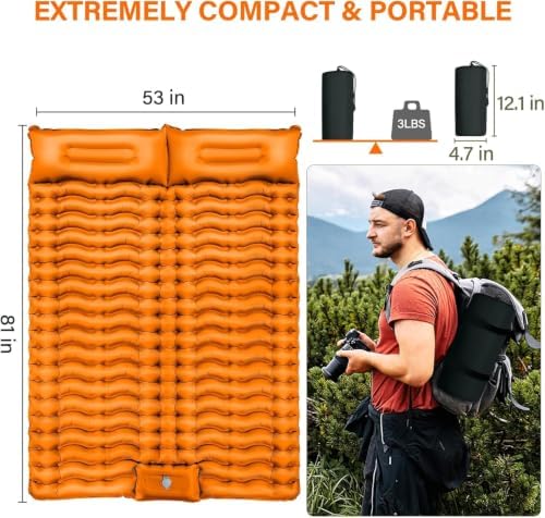 Yuzonc Double Sleeping Pad for Camping, 4" Extra Thick Self-Inflating Air Mattress - 2 Person Inflatable Camping Mat with Built-in Foot Pump & Pillow, Backpacking Hiking Tent Travel-Orange - Image 3