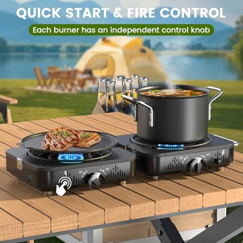 2 Burner Propane Camping Stove, 20000 BTU Foldable Portable Camp Stove with Piezo Ignition & Adjustable Burners, Outdoor Gas Cooker with Carry Bag for Camping, RV, Tailgating & Emergency Use - Image 4
