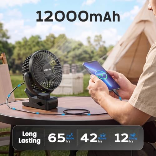 Camping Fan, 12000mAh Clip on Fans with LED Lights/ Remote/ Hooks/3 Levels - Image 2