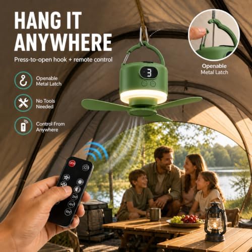 Camping Tent Fan with Light, Rechargeable Hanging Fan with Remote - Image 6