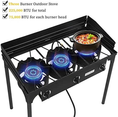 ROVSUN 3 Burner Outdoor Propane Gas Stove with Windpanel, Carrying Bag & Regulator, 225,000 BTU Stand Cooker for Backyard Cooking Camping Home Brewing Canning Turkey Frying - Image 3