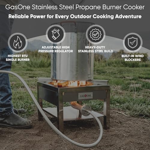 GasOne Stainless Steel Propane Burner Cooker With Regulator with Steel Braided Hose For Outdoor Cooking, Turkey Fry - Image 2