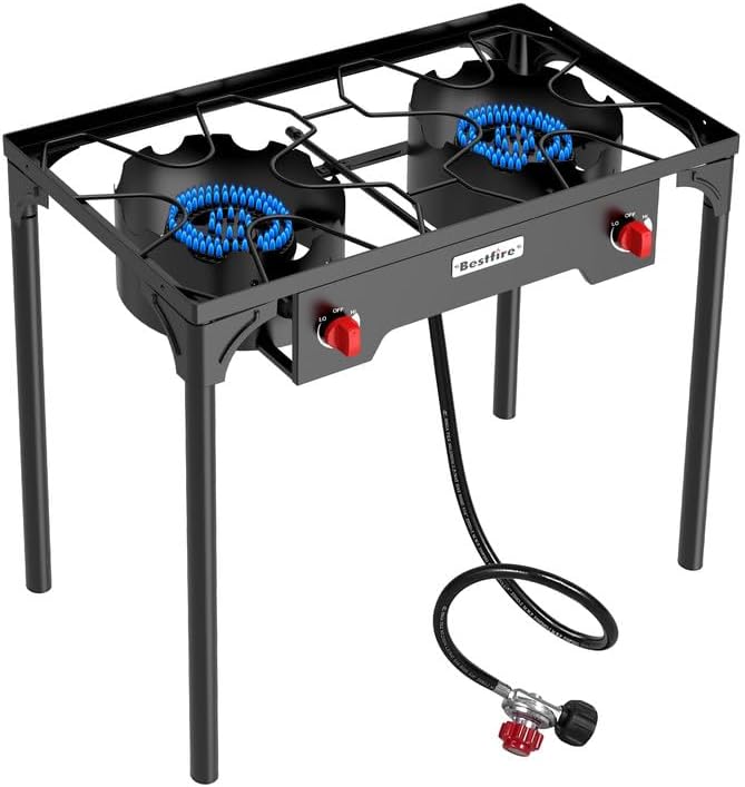 BESTFIRE 2 Burner Camping Stove,150,000 BTU High Pressure Outdoor Propane,4ft 20 PSI Adjustable Regulator Hose With Removable Legs for Backyard Cooking Camping Home by GrillsOutdoorCooking