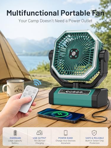 Portable Rechargeable Fan - 9-Inch Camping Fan for Tent, 24000mAh(60Hrs) Battery Operated Fan for Camping, Auto Oscillation Cordless Fans, Tent Fan with Remote/Light, 4 Speeds, 4 Timing, Outdoor - Image 4