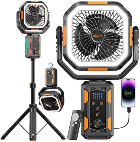 OGERY Portable Camping Fan with Adjustable Height Stand, 30000mAh Battery Powered Fan with Remote, LED Light, Auto Oscillation for Tent, RV, Bedroom, Travel – Floor & Desk Fan by OGERY