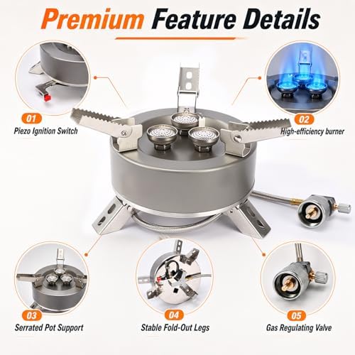 Portable Camping Stove, 5800W Foldable Outdoor Gas Stove with Nonstick Pot, Frying Pan, Mesh Carry Bag, 1 lb Propane Tank Adapter and Hose for Camping, Hiking, Picnic - Image 5