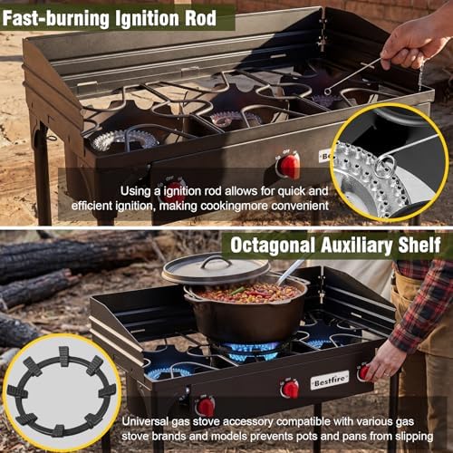 BESTFIRE 3 Burner Camping Stove, 225,000 BTU Propane Stove with Detachable Windscreen, Removable Legs & 20 PSIG Regulator&Octagonal Auxiliary Shelf&Ignition wire for Outdoor Cooking, Canning, BBQ - Image 2