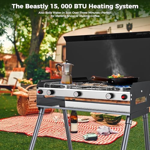 CAMPLUX 2 Burners & 1 Grill Propane Camping Stove, 15,000 BTU Portable Outdoor Propane Camping Grill Burner with Free Standing Legs, Auto-Ignition Gas Stove with Regulator, Black - Image 4