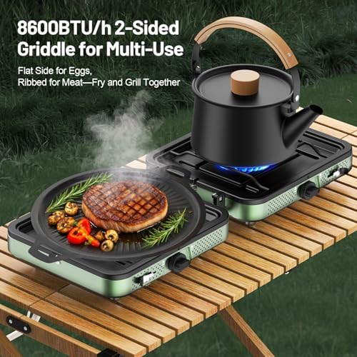 Portable Camping stove, 2 Burner Foldable Camping Stove with Griddle and Carrying Bag & Hose, 8600BTU Portable Propane Camp Stove with Ignition & 2 Adjustable Burners,for Camping Tailgating BBQ Grill - Image 3