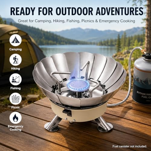 Butane Camping Stove, Portable Windproof Camping Gas Stove with Built-in Windshield, Piezo Ignition, Propane Canister Adapter, Foldable Burner for Backpacking Hiking Outdoor Cooking - Image 7