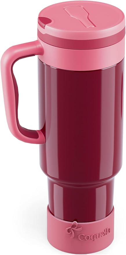 40 oz Insulated Tumbler with Handle and Push-Button Straw Lid, Stainless Steel Travel Cup for Gym Office, Leakproof, BPA-Free, Cup Holder Friendly, Bow Silicone Boot, Red (Wine Burgundy) by Coquella