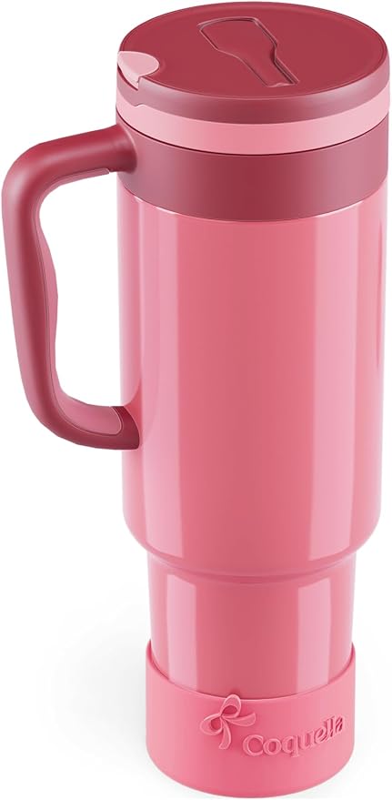 40 oz Insulated Tumbler with Handle and Push-Button Straw Lid, Stainless Steel Travel Cup for Gym Office, Leakproof, BPA-Free, Cup Holder Friendly, Bow Silicone Boot, Pink (Dusty Rose) by Coquella