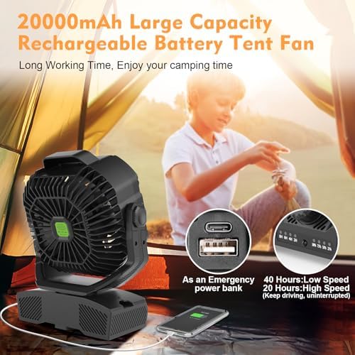 RUNTOP 20000mAh Camping Fan, Oscillating High Speed Rechargeable Battery Operated Fan w/RGB Light,Remote,Hanging Hook, Outdoor Portable Fans Battery Powered Personal USB Desk Fan for Tent, Travel - Image 3