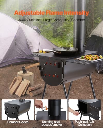 VEVOR 118" Camping Wood Stove, Portable Alloy Steel Tent Stove with 3000in³ Firebox, Outdoor Heating & Cooking Stove with Chimney Pipes & Gloves, Includes 8 Pipes for Efficient Heating - Image 2