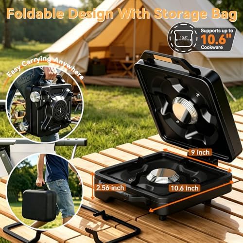 2 Burner 24000 BTU Propane Camping Stove, Foldable Camp Stove with 2-in-1 Frying Pan & Pot, Adjustable Burner Dual Gas Stove,Camp Cooking Set with Windshiel, Carry Bag for Tailgating, Picnic, Black - Image 4
