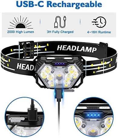 2000LM Ultra Bright 9 LED Headlamp, USB C Rechargeable Headlight, 10 Modes, Waterproof Motion Sensor Head Lamp Flashlight with White Red Light, Adjustable Headband for Adults Outdoor Hiking - Image 5