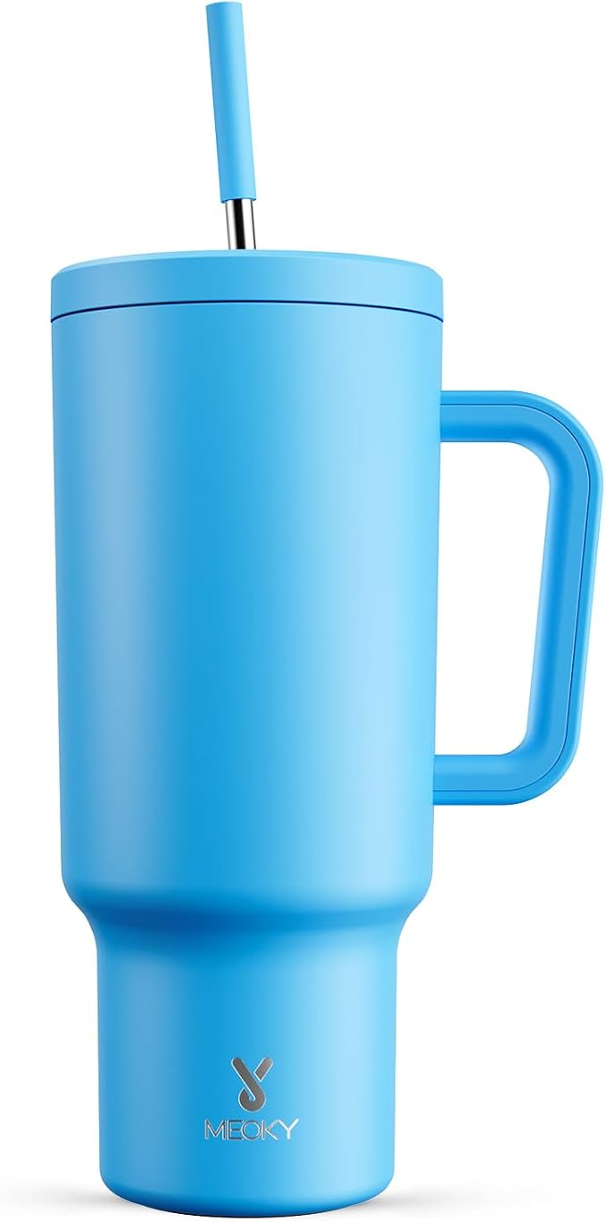 Meoky 40 oz Tumbler with Handle and Straw: Stainless Steel Insulated Tumbler with Lid and Straw - 100% Leak Proof Tumbler for Car Cup Holders - Travelers Commuters Workers, Blue by MEOKY